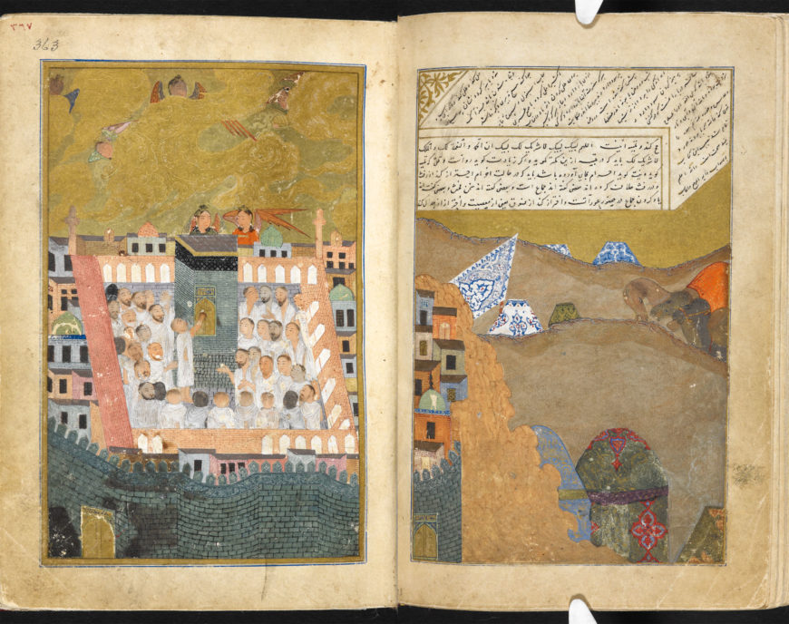A Timurid painting of Mecca, depicting the pilgrims camping outside and making preparations. Miscellany of Iskandar Sultan, 1410–11, manuscript, 18.4 x 12.7 cm (The British Library, London)