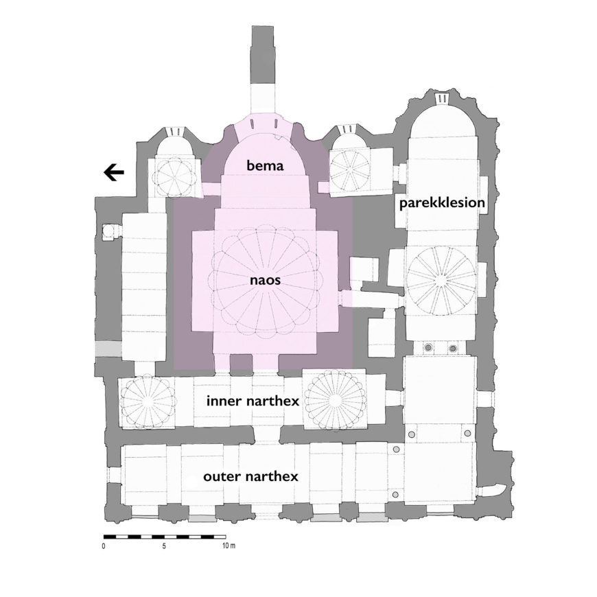 Chora church plan with the reused portions of the older naos highlighted in pink