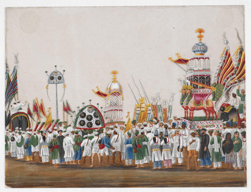 The Muharram festival is in commemoration of Imams Husain. This festival starts on the first day of Muharram, the first month of the Islamic calendar, and lasts for ten days. Painting of a Muharram procession, gouache on mica, Benares or Patna style, 1830–40 (The British Library, London)