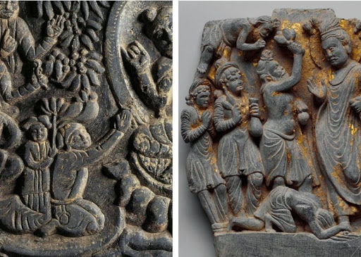 Left: Wirkak and Wiyusi in their past lives; right: Prince Siddhartha and Yasodhara in their former lives (“The Dipankara jataka”), Gandhara (Pakistan), ca. 2nd century AD, Metropolitan Museum