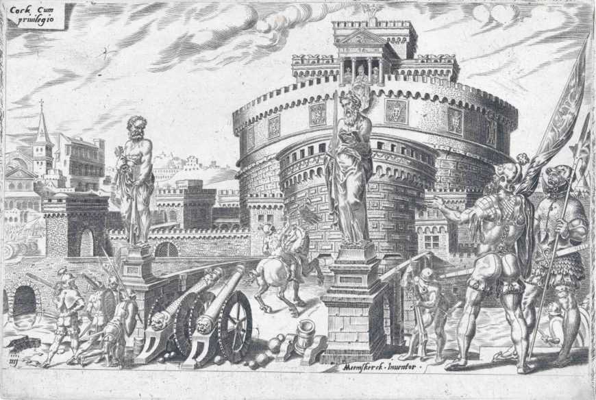 Jerome Cook, after Martin van Heemskerck, Lansknechte in Front of Castel’Angelo, Copper engraving in Divi Caroli, 1553. In this engraving of the sack, the siege of Castel Sant’Angelo is portrayed. The pope and two other prelates look upon the action from a balcony. 