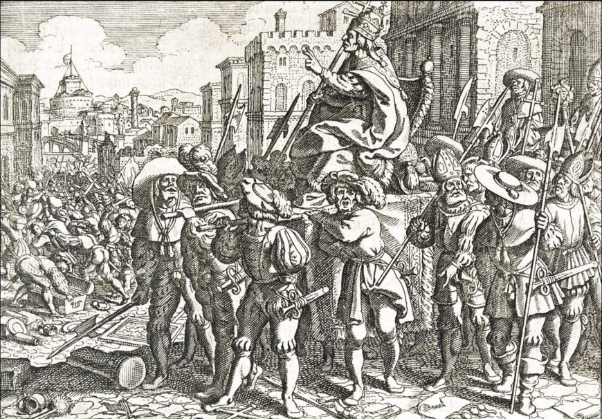 The engraving shows a German soldier dressed as the pope and being paraded through the streets of Rome. In the background, fighting and pillaging ensues. In the distance, Castel Sant’Angelo and Ponte Sant’Angelo can be seen. Mattäus Merian, "Sack of Rome," engraving in Johann Ludwig Gottfried’s Historiche Chronica (Frankfurt 1630–34), p. 33.