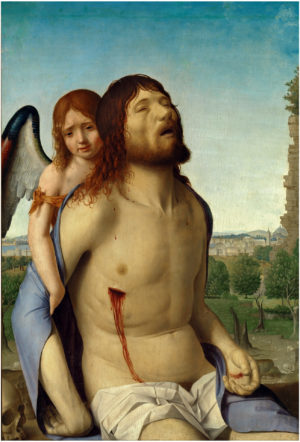 Antonello da Messina, The Dead Christ Supported by an Angel, 1475–76, mixed method on panel, 74 x 51 cm (Prado Museum)