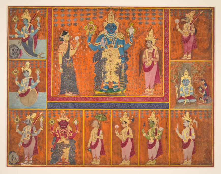 A watercolour painting depicting Visnu and his ten avatars in the South Indian style. South India, c.1800. Vishnu and his ten avatars, c. 1800 (The British Library)