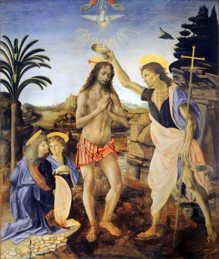 Andrea del Verrocchio (with Leonardo), Baptism of Christ, 1470–75, oil and tempera on panel, 70 3/4 x 59 3/4" / 180 x 152 cm (Galleria degli Uffizi, Florence)