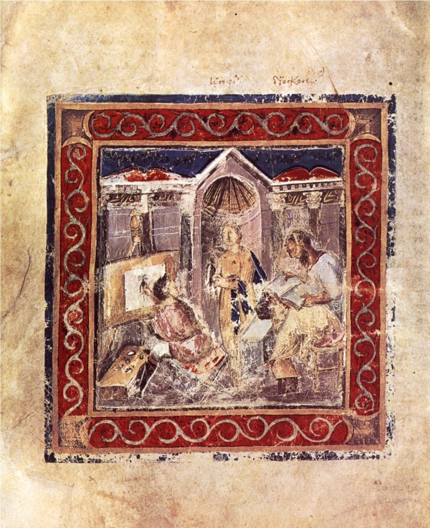 The personification of Inventiveness or Intelligence holds up the mandrake for a painter to copy while Dioscurides writes in a codex, Vienna Dioscurides (facsimile), 5v. 