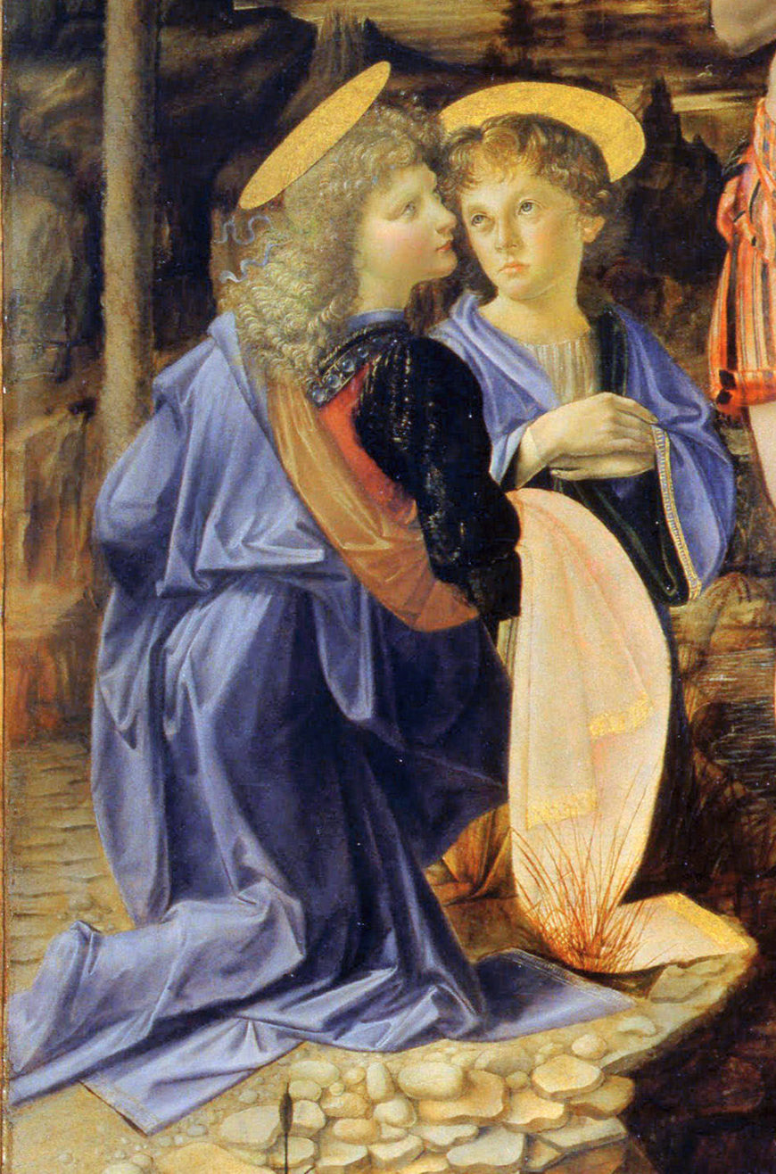 Andrea del Verrocchio (with Leonardo), Baptism of Christ, 1470–75, oil and tempera on panel, 70 3/4 x 59 3/4" / 180 x 152 cm (Galleria degli Uffizi, Florence)