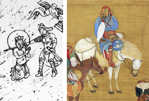 Left: Vilioni detail; right: Liu Guandao (劉貫道), Kublai Khan on the Hunt, 1280, paint on silk. (Taipei, National Palace Museum)