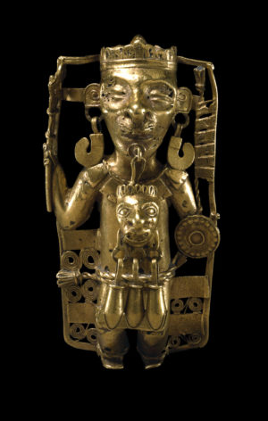 Gold pendant depicting a ruler, Mixtec, gold, 9 x 4.6 cm. from Mexico (© Trustees of the British Museum)