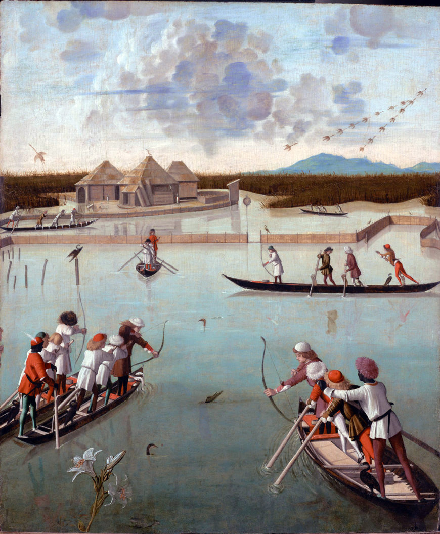 Hunting on the Lagoon, about 1490–1495, Vittore Carpaccio. Oil on panel, 29 3/4 × 25 1/8 in. J. Paul Getty Museum, 79.PB.72. Digital image courtesy of Getty’s Open Content Program