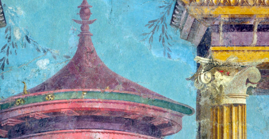Detail of the left wall, with a reconstructed capital on the right. Roman Frescoes from Room M of the Villa of Publius Fannius Synistor, c. 50–40 B.C.E., originally Boscoreale, reconstructed in the Metropolitan Museum of Art, NY