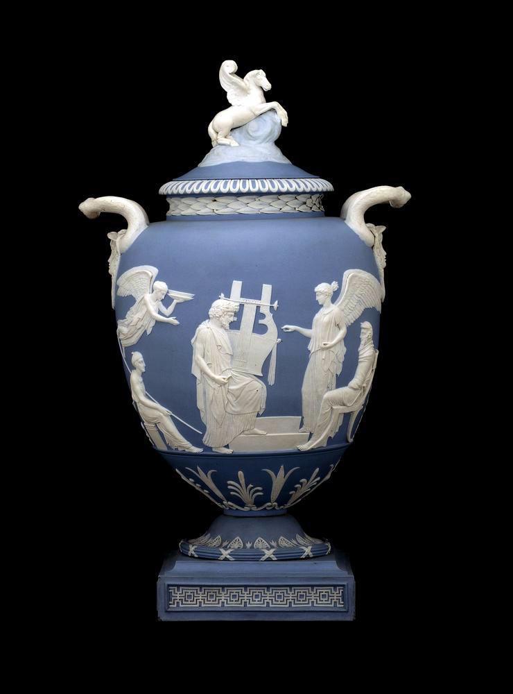 John Flaxman (design) and William Hackwood (modeled), The Pegasus Vase, 1786, jasper ware, for the Wedgwood factory, Etruria factory, Staffordshire, England, 18 inches high (© The Trustees of the British Museum)