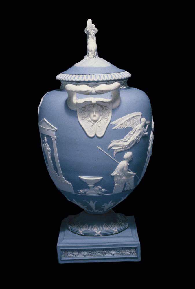 John Flaxman (design) and William Hackwood (modeled), The Pegasus Vase, 1786, jasper ware, for the Wedgwood factory, Etruria factory, Staffordshire, England, 18 inches high (© The Trustees of the British Museum)
