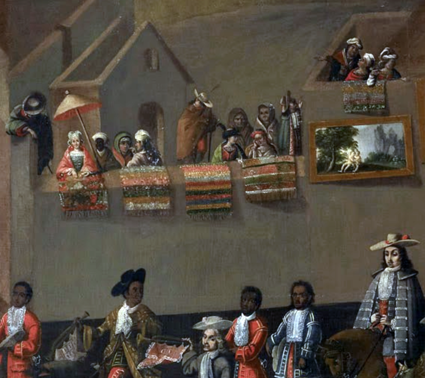 Potosinos watching the procession, and who have hung banners and paintings from balconies and on walls. Melchor Pérez de Holguín, Entry of the Viceroy Archbishop Morcillo into Potosí, 1716, oil on canvas, 240 x 570 cm (Museo de América, Madrid)