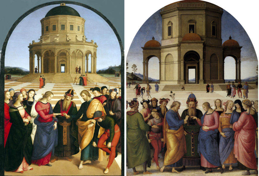 Left: Raphael, Marriage of the Virgin, 1504, oil on roundheaded panel, 174 x 121 cm (Pinacoteca di Brera, Milan); right: Perugino, Marriage of the Virgin, 1502, oil on panel, 234 x 185 cm (Musée de Beaux-Arts de Caen)