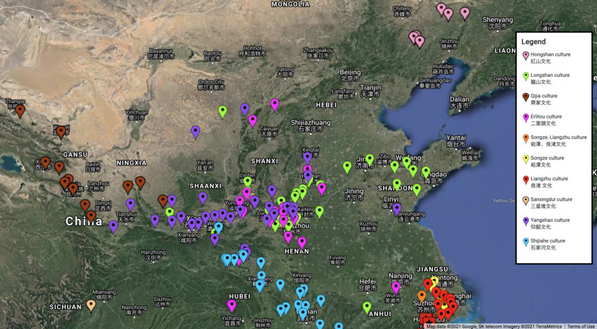 Map of Neolithic China, with hotspots corresponding to published excavations. Different hotspot colors represent the different cultures revealed. See a responsive map here (underlying map © Google)
