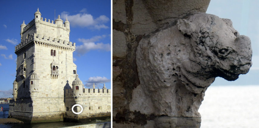 Tower of Belem with a rhinoceros gargoyle; left: Tower of Belem (photo: Zero, CC BY-SA 3.0); right: rhinoceros gargoyle (photo: RimerMoshe, CC BY_SA 4.0)