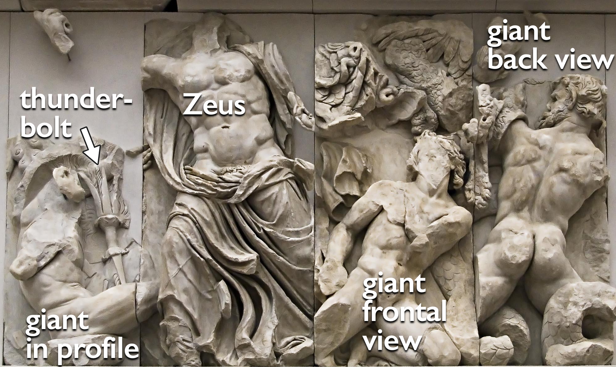 Annotated, Zeus panel, east frieze, Pergamon Altar, c. 197-139 B.C.E. (Staatliche Museen, Berlin)