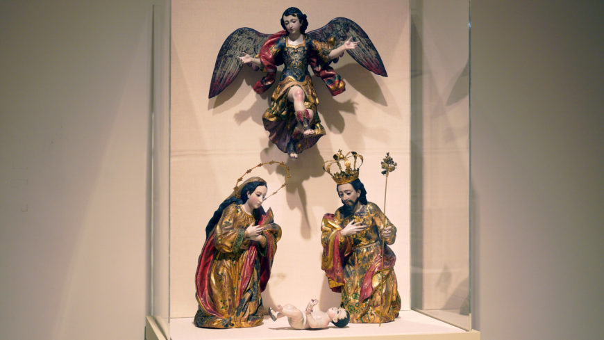 Nativity, 18th century, Guatemala, polychromed wood, gilt silver, glass, Jesus 24.4 cm, Angel 45.7 cm, Mary 50.8 cm, Joseph 52.7 cm (The Metropolitan Museum of )