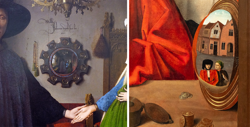 Left: Mirror, Jan Van Eyck, Arnolfini Portrait, 1434 (detail); right: Mirror and still-life (detail), Petrus Christus, A Goldsmith in his Shop, 1449 (photo: Steven Zucker, CC BY-NC-SA 2.0)