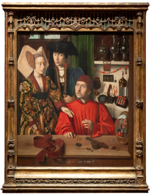 Petrus Christus, A Goldsmith in his Shop, 1449, oil on oak panel, 39 3/8 x 33 3/4 inches / 100.1 x 85.8 cm (The Metropolitan Museum of Art; photo: Steven Zucker, CC BY-NC-SA 2.0) zoomable image