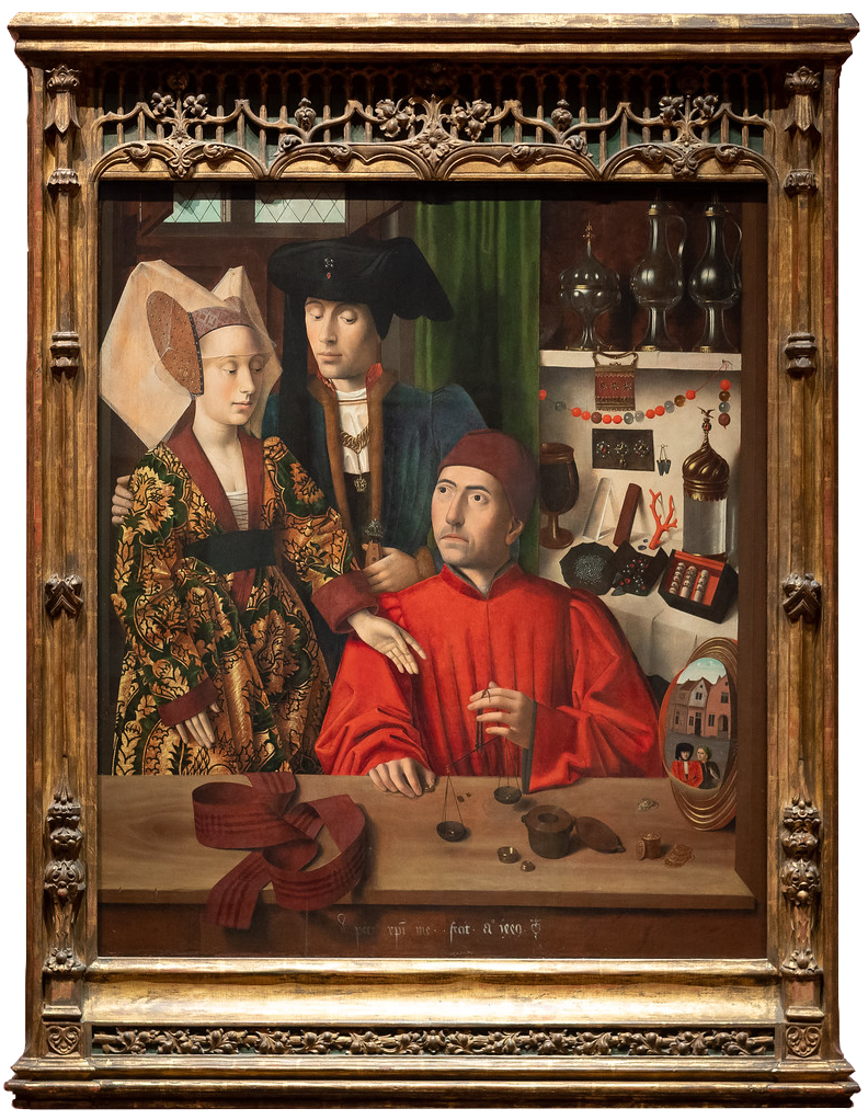 Petrus Christus, A Goldsmith in his Shop, 1449, oil on oak panel, 39 3/8 x 33 3/4 inches / 100.1 x 85.8 cm (The Metropolitan Museum of Art; photo: Steven Zucker, CC BY-NC-SA 2.0 ) zoomable image