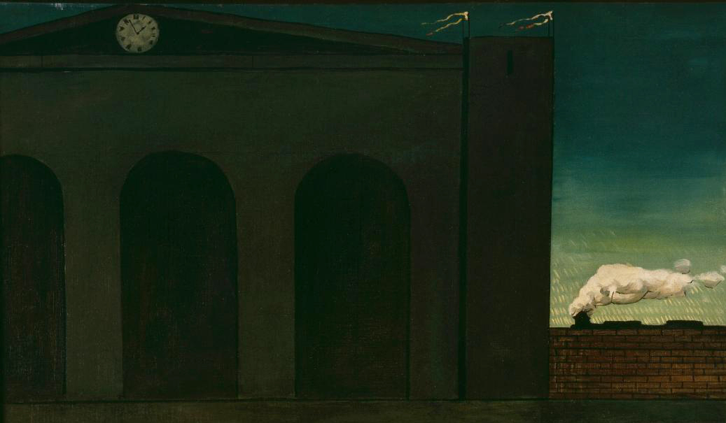Clock and train (detail), Giorgio de Chirico, The Soothsayer’s Recompense, 1913, oil on canvas, 135.6 × 180 cm (Philadelphia Museum of Art)