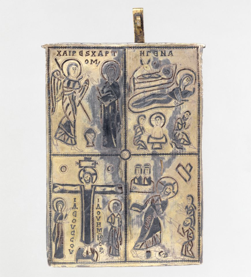 The Fieschi Morgan Staurotheke, early 9th century, Byzantine, made in Constantinople (?), gilded silver, gold, enamel worked in cloisonné, and niello, 2.7 x 10.3 x 7.1 cm (<a href="https://www.metmuseum.org/art/collection/search/472562">The Metropolitan Museum of Art</a>)