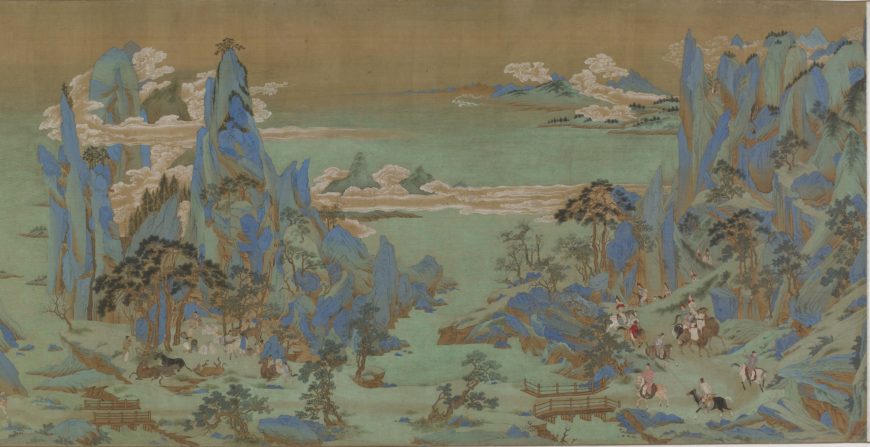 Traditionally attributed to Qiu Ying 仇英 (ca. 1494-1552), calligrapher: Wen Zhengming 文徵明 (1470-1559), Journey to Shu (detail), Ming dynasty, 16th-17th century, ink and color on silk, blue-and-green style, China, 54.9 x 183.2 cm (Freer Gallery of Art, Smithsonian Institution, Washington, DC: Purchase — funds provided by the B.Y. Lam Foundation Fund, F1993.4)