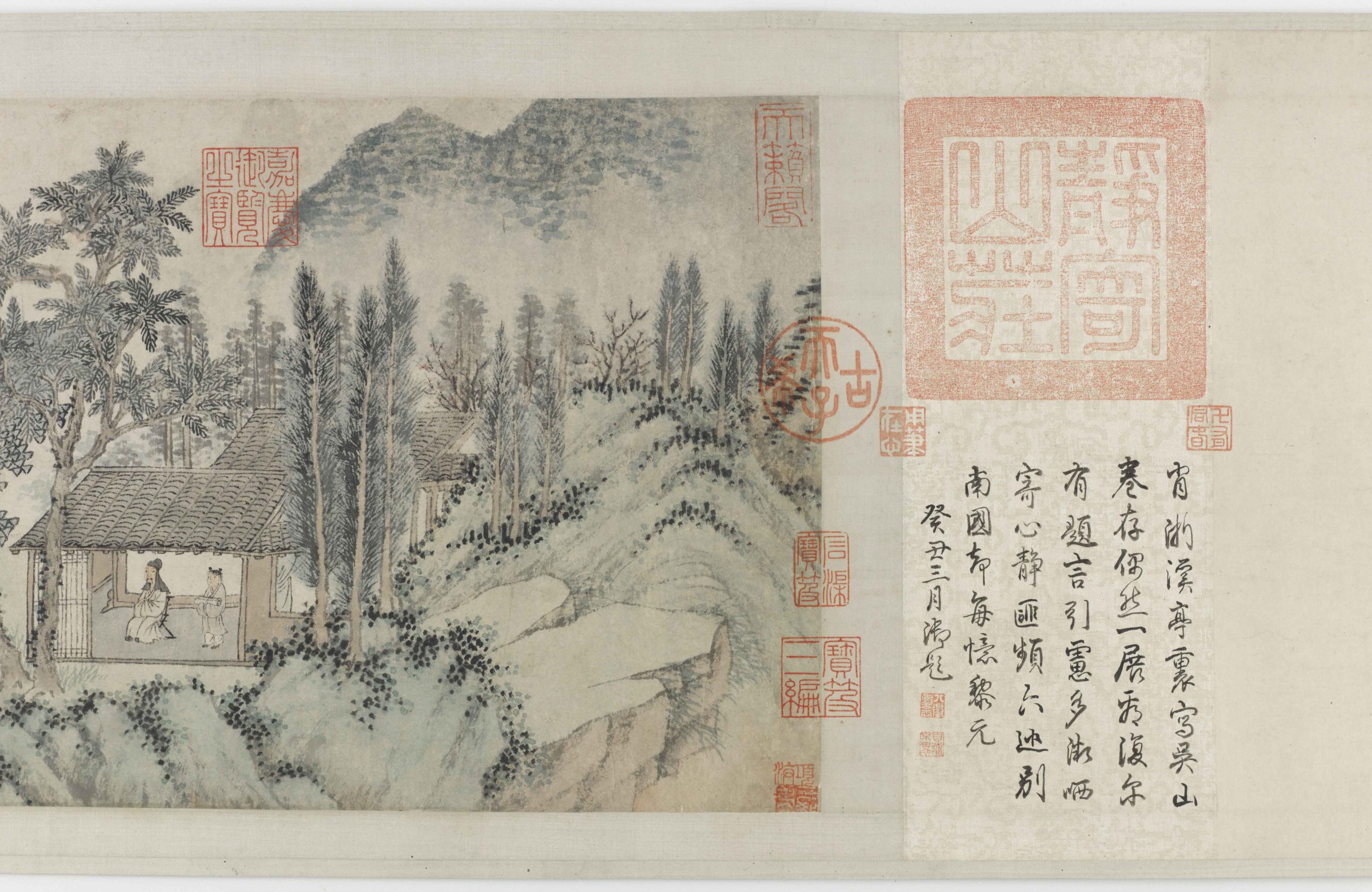 Shen Zhou 沈周 (1427–1509), A Spring Gathering, attached calligraphy by Shen Zhou 沈周 (1427-1509), frontispiece by Hongli, the Qianlong emperor (1711-1799, reigned 1735-1796), inscription on front mounting by Hongli, the Qianlong emperor (1711-1799, reigned 1735-1796), three inscriptions on painting by Hongli, the Qianlong emperor (1711-1799, reigned 1735-1796), colophon by Wen Zhengming 文徵明 (1470-1559), Ming dynasty, c. 1480?, Wu School, ink and color on paper, China, 26.5 x 131.1 cm (Freer Gallery of Art, Smithsonian Institution, Washington, DC: Purchase — Charles Lang Freer Endowment, F1934.1)