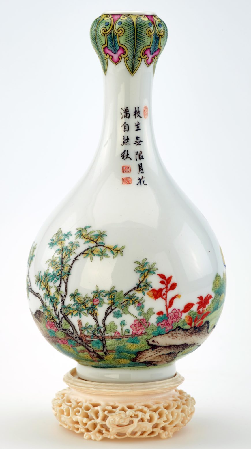 Vase of bottle shape with “garlic” mouth, Qing dynasty or possibly modern, Qianlong reign, 1736-1795, or possibly early 20th century, Jingdezhen ware, porcelain with enamels over clear, colorless glaze; ivory stand, China, Jiangxi province, Jingdezhen, 17.2 x 9.5 cm (Freer Gallery of Art, Smithsonian Institution, Washington, DC: Purchase — Charles Lang Freer Endowment, F1954.127a-e)