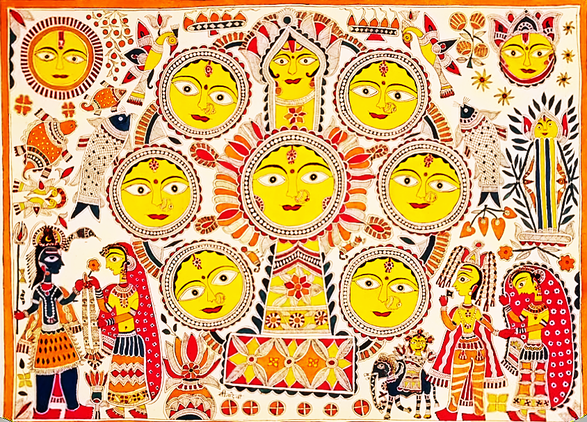 Kohbar painting by Sita Devi. Traditionally painted on the wall of a marriage chamber, the kohbar painting holds powerful spiritual significance for the young couple and their families. Photo by Suman Jha, 1991.