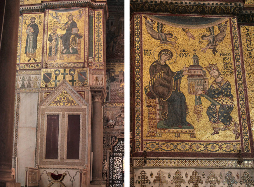 Left: Christ crowning William II; right: William II presenting his church to the Virgin, Monreale Cathedral, 1174 (photo: Ariel Fein, CC BY-NC-SA 2.0)