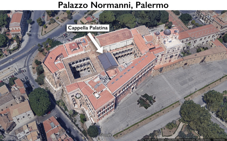 Location of the Cappella Palatina within the Palazzo Normanni, Palermo (underlying map © Google)