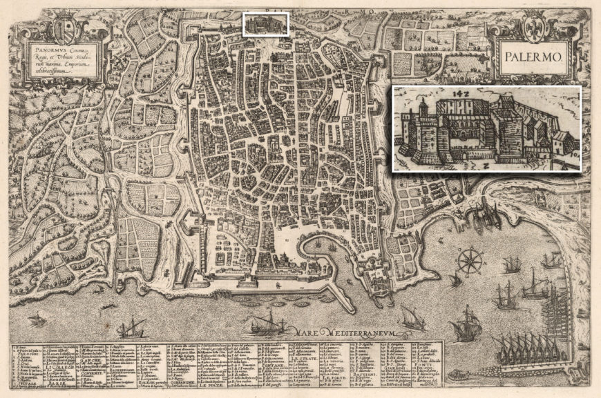 Map of Palermo by Georg Braun and Franz Hogenberg with detail of the Palazzo Normanni (royal palace), 1588 (<a href="https://www.davidrumsey.com/luna/servlet/detail/RUMSEY~8~1~300891~90072087:Vol-IV--56--Palermo-?sort=Pub_List_No_InitialSort%2CPub_Date%2CPub_List_No%2CSeries_No&amp;qvq=q:Braun%20Palermo;sort:Pub_List_No_InitialSort%2CPub_Date%2CPub_List_No%2CSeries_No;lc:RUMSEY~8~1&amp;mi=1&amp;trs=2#">David Rumsey Historical Map Collection</a>)