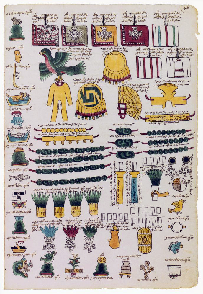 MS. Arch. Selden. A. 1, page of tribute from Tochtepec, Codex Mendoza, Viceroyalty of New Spain, c. 1541–1542 C.E., pigment on paper © Bodleian Libraries, University of Oxford