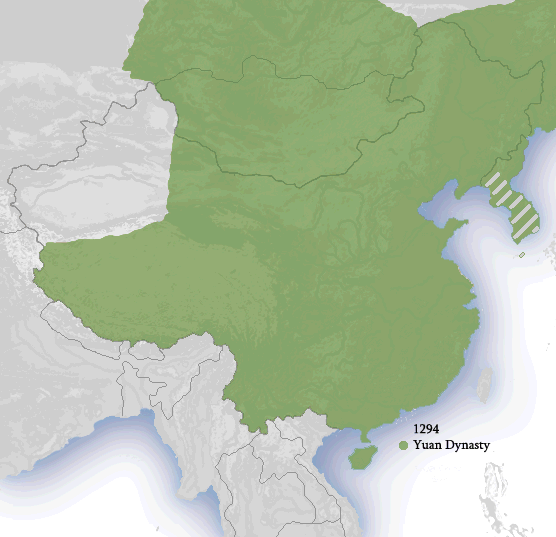 Yuan Dynasty, with Goryeo marked as a vassal (the white stripes) (Idh0854, CC BY 3.0)