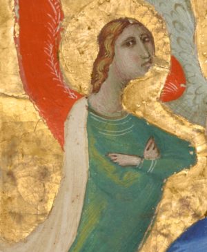 Angel (detail), The Ascension of Christ from the Laudario of Sant’Agnese, attributed to Pacino di Bonaguida, about 1340, tempera colors, gold leaf, and ink on parchment (J. Paul Getty Museum)