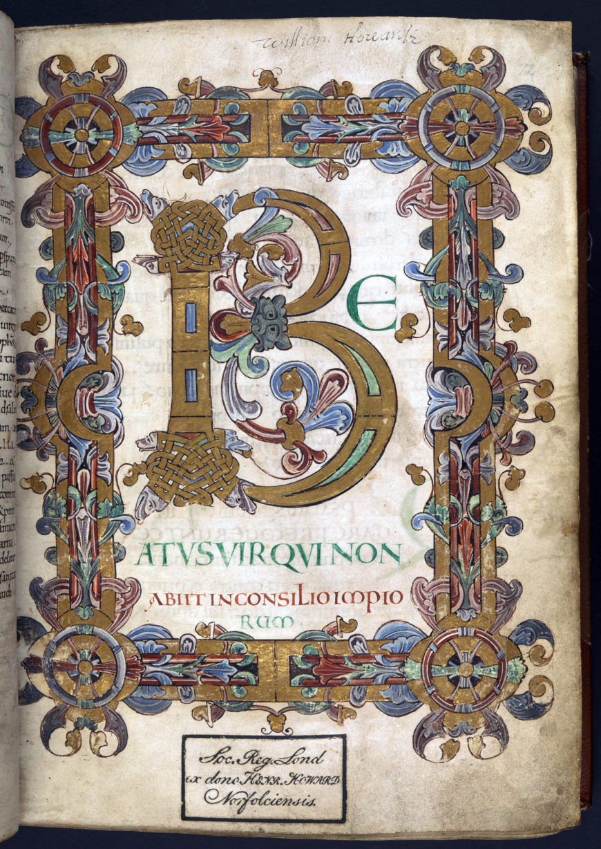 Illuminated initial 'B'(eatus) and full border at the beginning of Psalm 1, in a manuscript copied at Christ Church, Canterbury, Eadui Psalter ​(British Library, Arundel MS 155, f. 12r