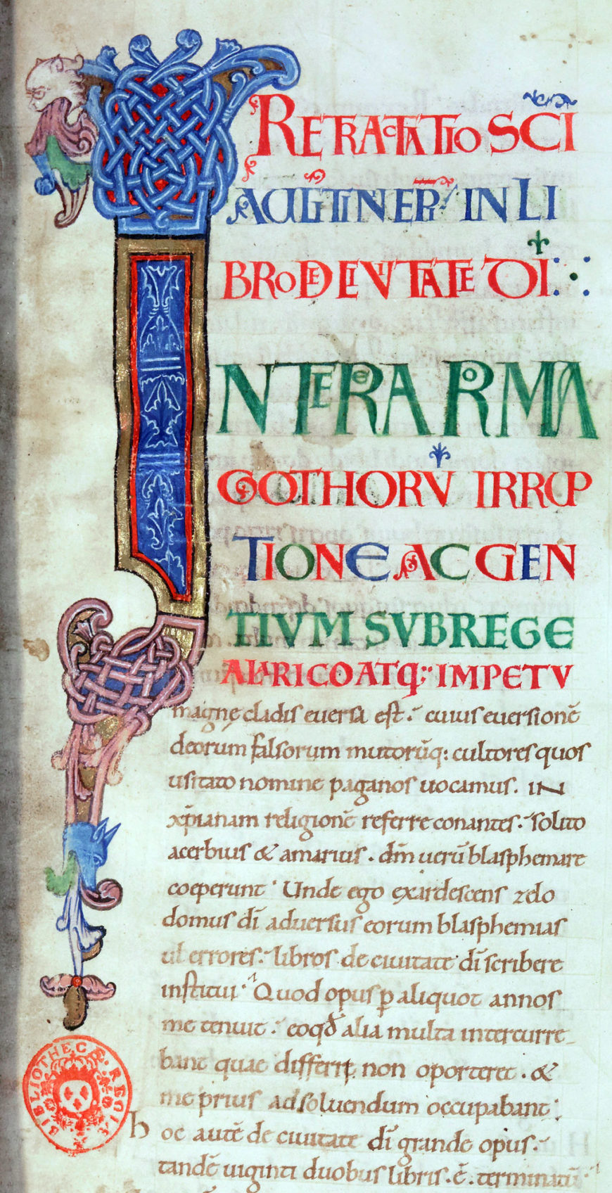 Interlace initial from the opening page of St Augustine’s De civitate Dei (The City of God) (BnF, Latin 2055, f. 1r, detail)