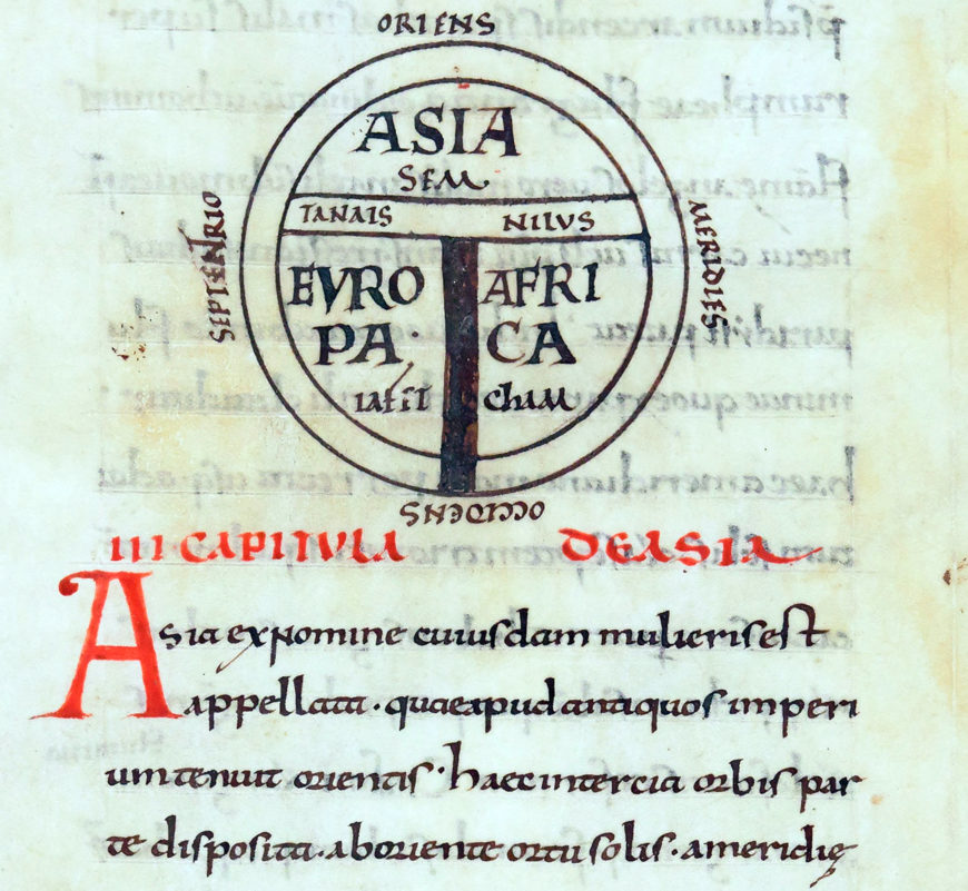 A T-O map with the four cardinal directions indicated outside of the map, from the Etymologies of Isidore of Seville (BnF, Latin 7586, f. 45r, detail)