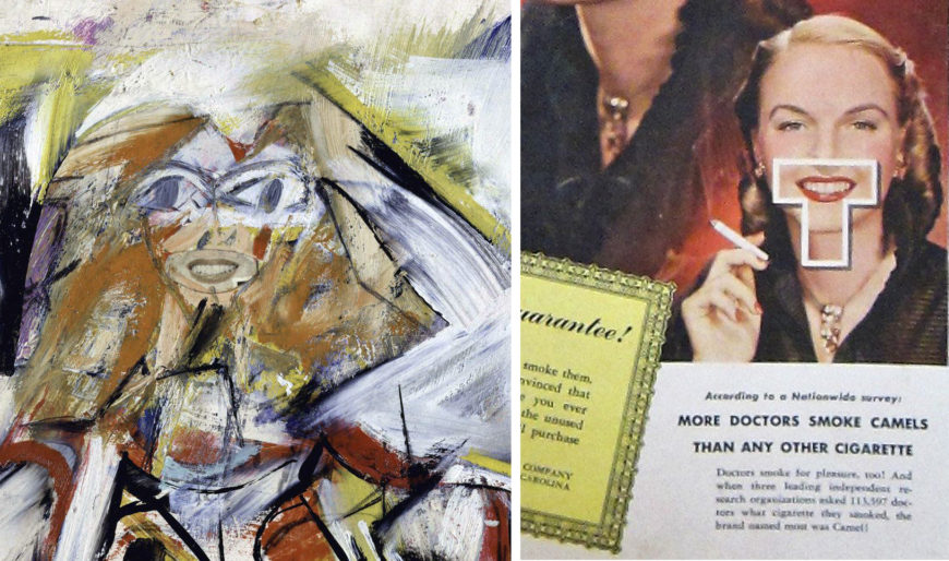 Left: detail of Willem de Kooning, study for Woman I, 1950, oil, cut and pasted paper on cardboard, 37.5 x 29.5 cm (The Metropolitan Museum of Art); right: T-Zone, detail from Camel cigarette ad, back cover of Time Magazine, January 17, 1949.