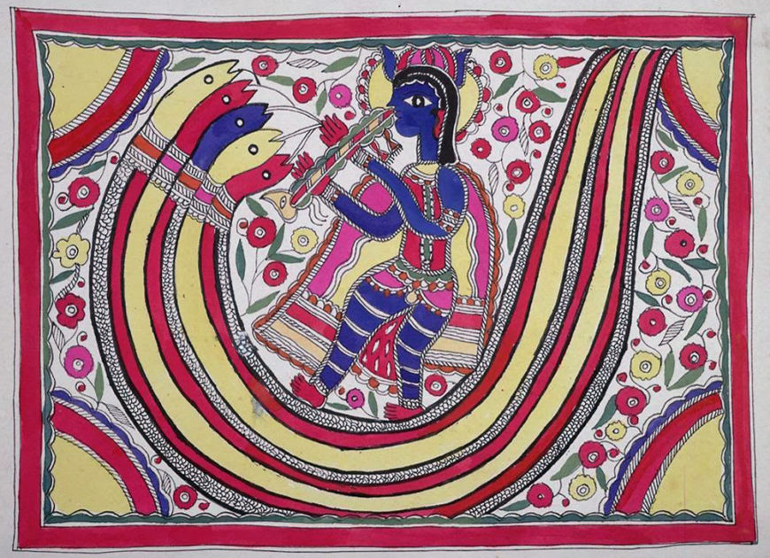 Painting by an unknown artist of the Hindu god Krisnha playing his flute while standing on the back of a multi-headed serpent (perhaps the demon Kaliya), mid-1900s. Madhubani district, Mithila, Bihar, India. Ink and color on paper. Cleveland Museum of Art.