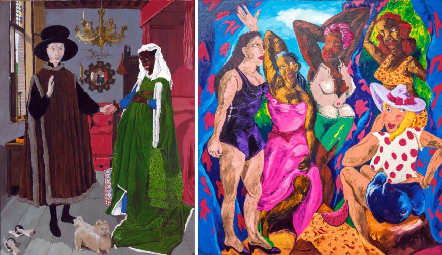 Left: Robert Colescott, Natural Rhythm, 1976; right: Robert Colescott, Les Desmoiselles d’Alabama: Vestidas, 1985