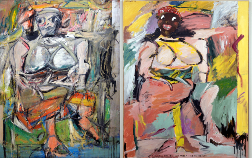 Willem de Kooning, Woman I, 1950–52, oil on canvas (MoMA) ;right: Robert Colescott, I Gets a Thrill Too When I Sees De Koo, 1978, acrylic on canvas, 213.36  x 167.64 cm (The Rose Art Museum, Brandeis University)