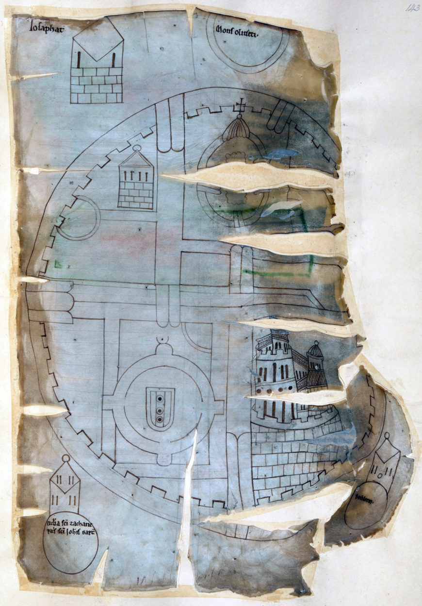 A 12th-century pen-drawn map of Jerusalem (British Library, Cotton MS Tiberius E IV, f. 143r)