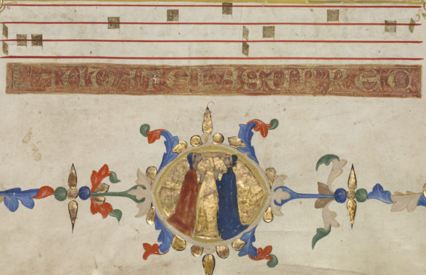 The Ascension of Christ (detail) from the Laudario of Sant’Agnese, attributed to Pacino di Bonaguida, about 1340, tempera colors, gold leaf, and ink on parchment. Los Angeles, Getty Museum, Ms. 80a (2005.26), verso https://www.getty.edu/art/collection/objects/225262/pacino-di-bonaguida-leaf-from-the-laudario-of-sant'agnese-italian-about-1340/ 