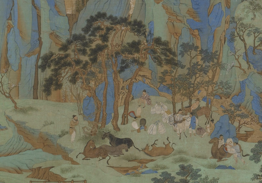 Traditionally attributed to Qiu Ying 仇英 (c. 1494–1552), calligrapher: Wen Zhengming 文徵明 (1470–1559), Journey to Shu, Ming dynasty, 16th-17th century, ink and color on silk, blue-and-green style, China, 54.9 x 183.2 cm (Freer Gallery of Art, Smithsonian Institution, Washington, DC: Purchase — funds provided by the B.Y. Lam Foundation Fund, F1993.4)