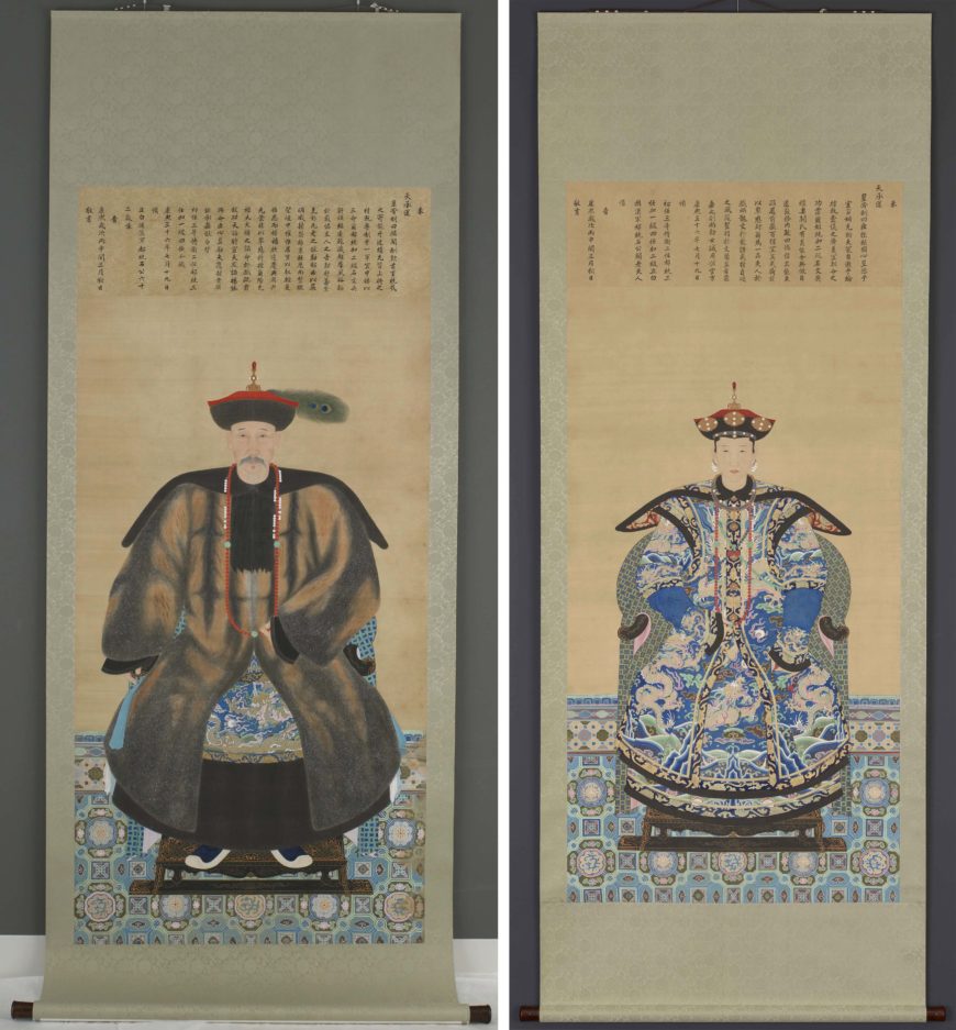 Left: Portrait of Shi Wenying, Qing dynasty, 1644–1911, ink and colors on silk, China, 210.9 x 113.7 cm (Arthur M. Sackler Gallery, Smithsonian Institution, Washington, DC: Purchase — Smithsonian Collections Acquisition Program and partial gift of Richard G. Pritzlaff, S1991.120); right: Portrait of Lady Guan, Qing dynasty, Kangxi reign or later, mid 17th-early 18th century, ink and color on silk, China 343 x 145 cm (Arthur M. Sackler Gallery, Smithsonian Institution, Washington, DC: Purchase — Smithsonian Collections Acquisition Program and partial gift of Richard G. Pritzlaff, S1991.121)