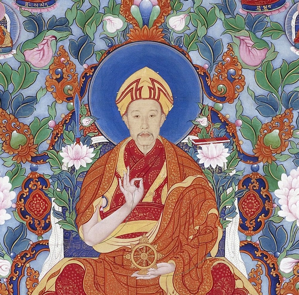 Emperor's face painted by Giuseppe Castiglione (1688-1766) Imperial workshop, The Qianlong Emperor as Manjushri, the Bodhisattva of Wisdom, Qing dynasty, Qianlong reign, mid-18th century, ink, color, and gold on silk, China, 113.6 x 64.3 cm (Freer Gallery of Art, Smithsonian Institution, Washington, DC: Purchase — Charles Lang Freer Endowment and funds provided by an anonymous donor, F2000.4)